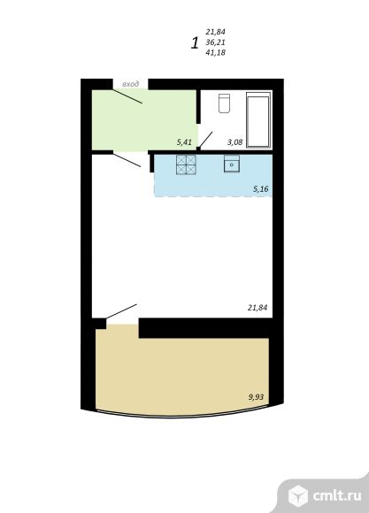 1-комнатная квартира 40 кв.м. Фото 1.