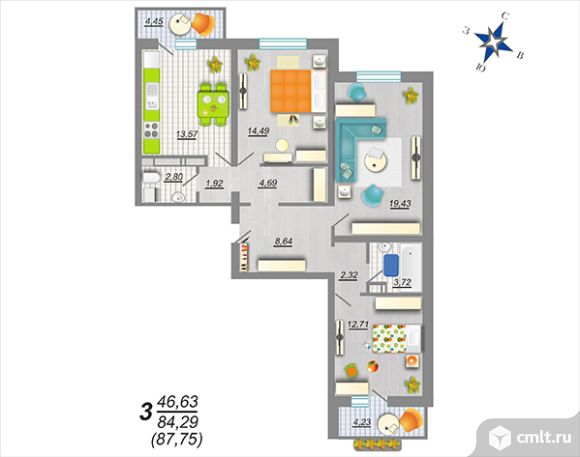 3-комнатная квартира 87,75 кв.м. Фото 1.