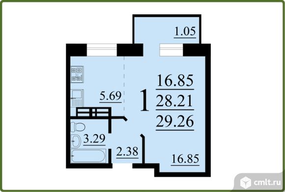 1-комнатная квартира 29,26 кв.м. Фото 1.