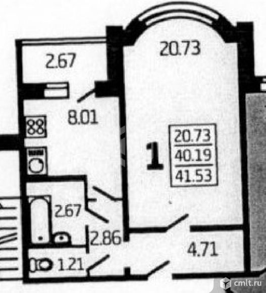 1-комнатная квартира 41,53 кв.м. Фото 1.