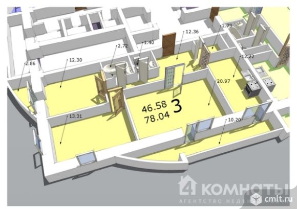 3-комнатная квартира 78 кв.м. Фото 1.