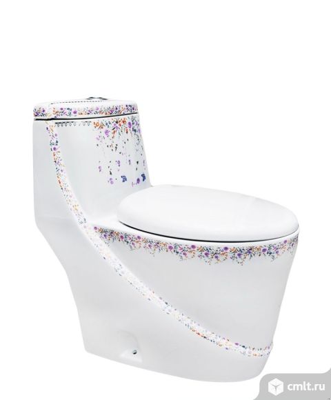 Унитаз моноблок Lotos 2202 декор цветы. Новый. Фото 1.
