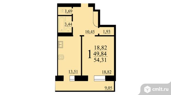 1-комнатная квартира 54,31 кв.м. Фото 1.