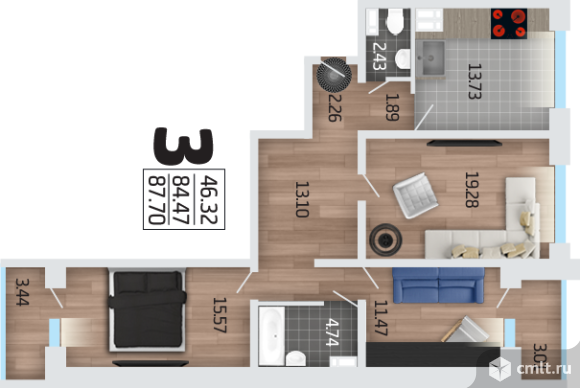 3-комнатная квартира 89 кв.м. Фото 8.