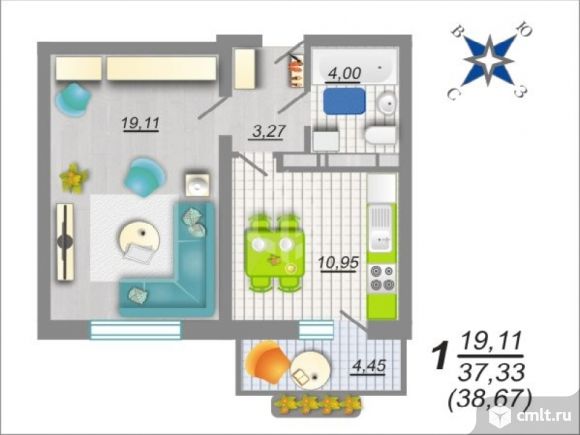 1-комнатная квартира 38 кв.м. Фото 1.