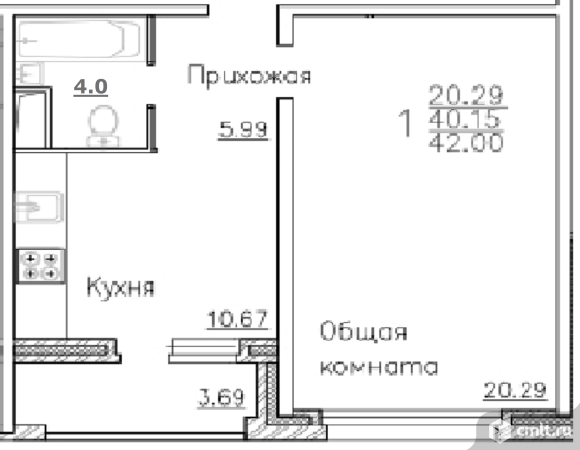 1-комнатная квартира 42 кв.м. Фото 1.