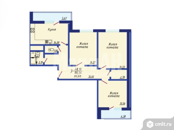 3-комнатная квартира 91,57 кв.м. Фото 1.