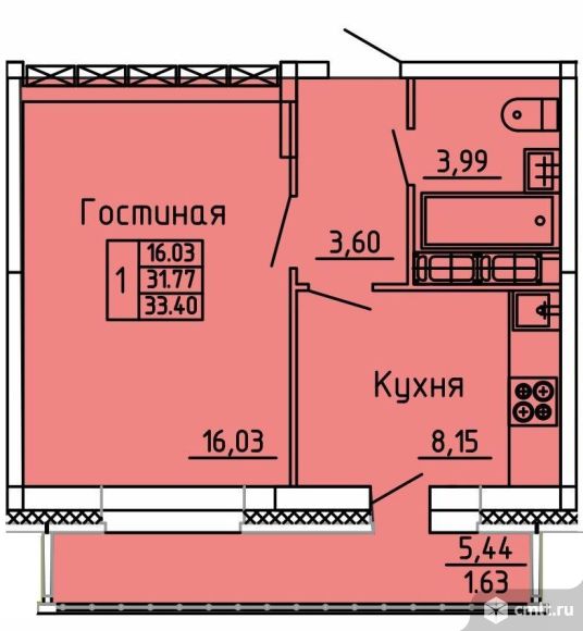 Жилой дом "Пароход" от застройщика 1-комнатная квартира 33,4 кв.м. Фото 1.