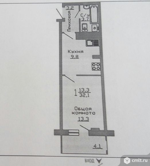 1-комнатная квартира 32,1 кв.м. Фото 1.