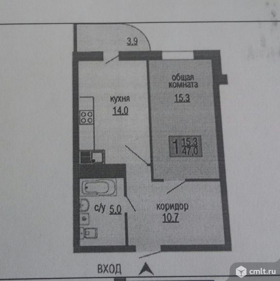 1-комнатная квартира 47 кв.м. Фото 1.