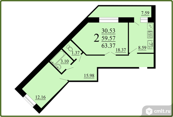 2-комнатная квартира 63,37 кв.м. Фото 1.