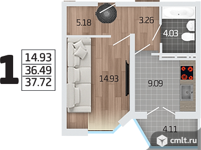 1-комнатная квартира 37,72 кв.м. Фото 1.