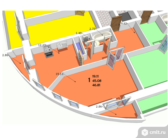 1-комнатная квартира 46 кв.м. Фото 1.