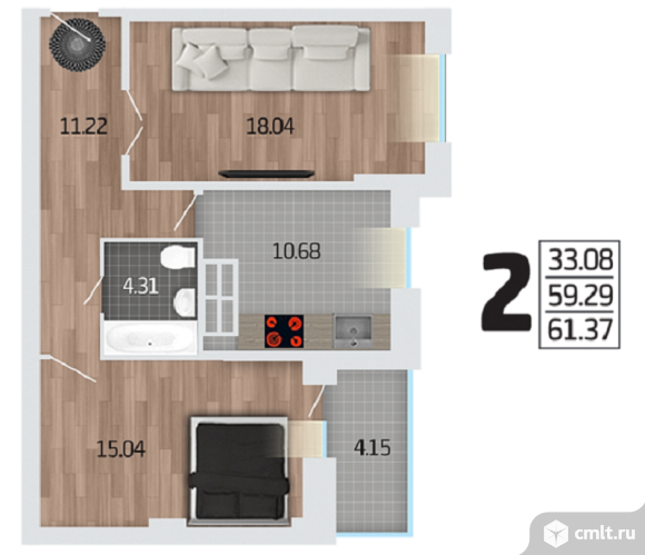 2-комнатная квартира 61,37 кв.м. Фото 1.