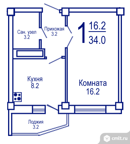 1-комнатная квартира 35 кв.м. Фото 1.