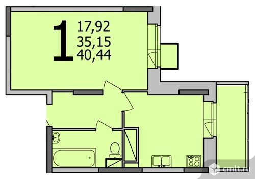 1-комнатная квартира 40,78 кв.м. Фото 1.