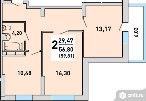 2-комнатная квартира 59,81 кв.м. Фото 1.