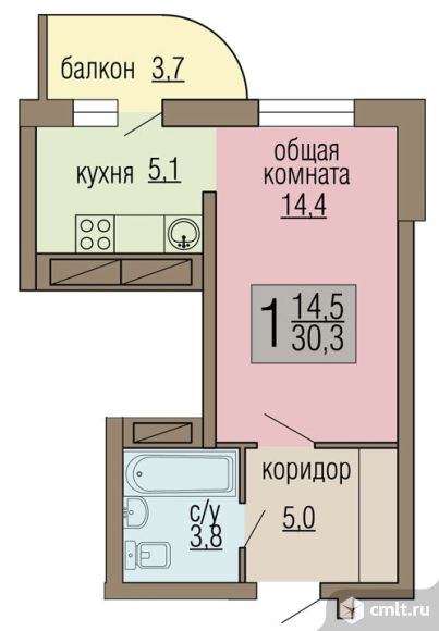 1-комнатная квартира 30 кв.м. Фото 1.