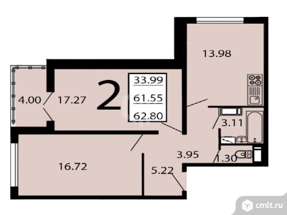 2-комнатная квартира 62,8 кв.м. Фото 1.