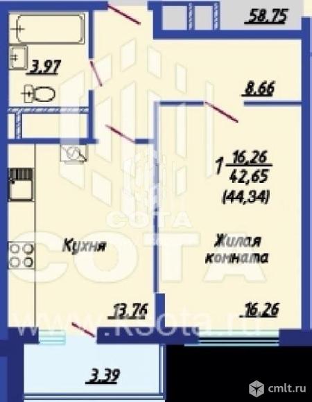 1-комнатная квартира 45 кв.м. Фото 1.