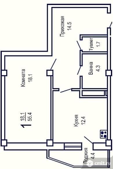 1-комнатная квартира 55,4 кв.м. Фото 1.