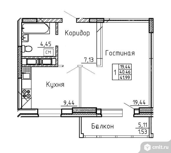 1-комнатная квартира 42 кв.м. Фото 1.