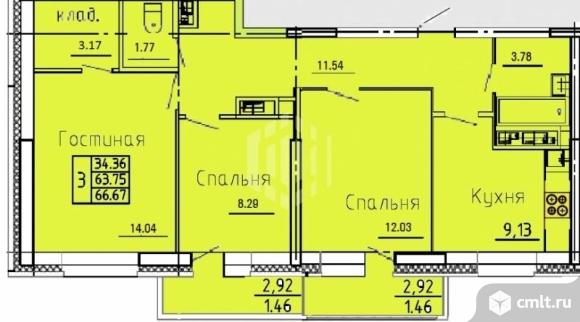 3-комнатная квартира 67 кв.м. Фото 1.