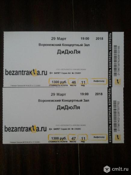 Билеты на концерт Дидюли 29 марта, 2 шт.. Фото 1.