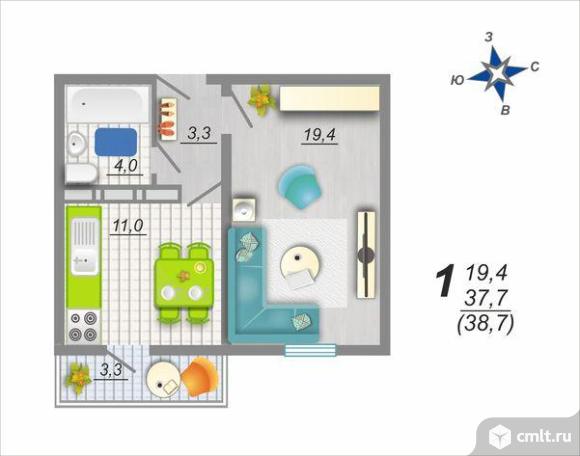 1-комнатная квартира 38,7 кв.м. Фото 1.