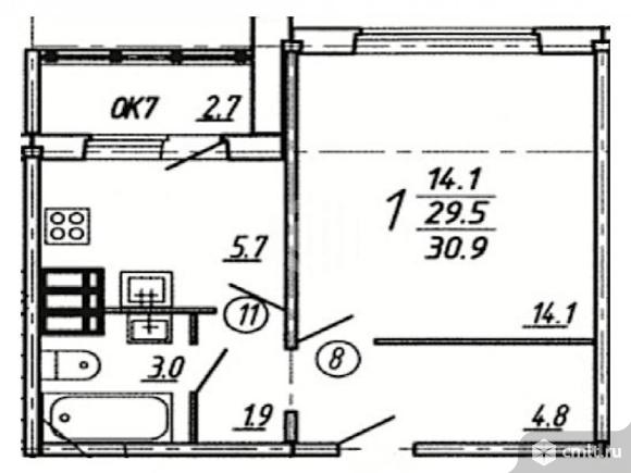 1-комнатная квартира 30 кв.м. Фото 1.