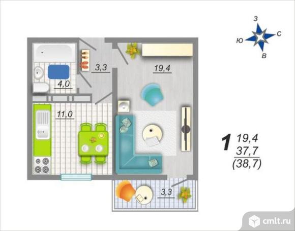 1-комнатная квартира 38,7 кв.м. Фото 1.