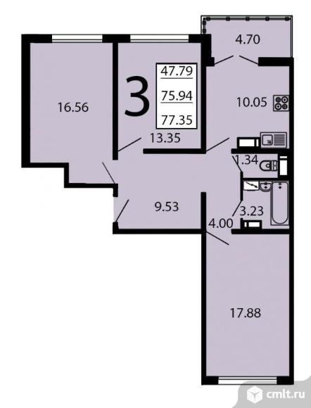 3-комнатная квартира 77,31 кв.м. Фото 1.