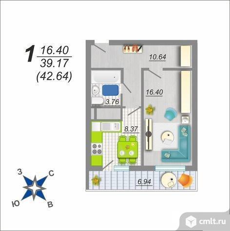 1-комнатная квартира 43 кв.м. Фото 1.