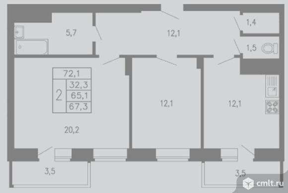 2-комнатная квартира 72,1 кв.м. Фото 1.