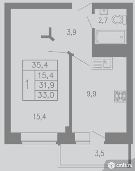 1-комнатная квартира 35,4 кв.м. Фото 1.