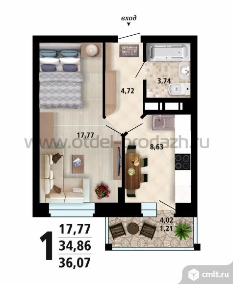 1-комнатная квартира 37 кв.м. Фото 1.