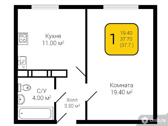 1-комнатная квартира 37,7 кв.м. Фото 1.