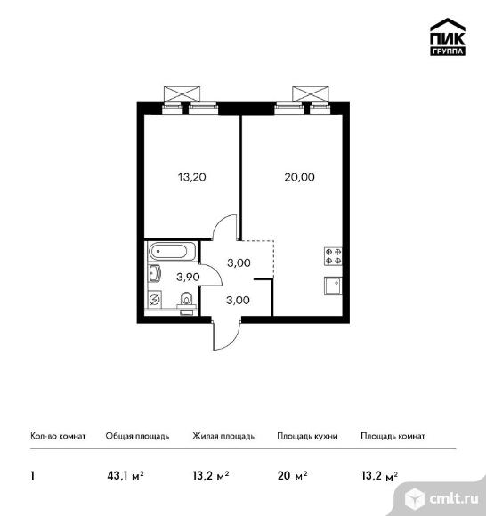 1-комнатная квартира 43,1 кв.м. Фото 1.