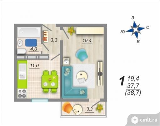 1-комнатная квартира 38,7 кв.м. Фото 1.
