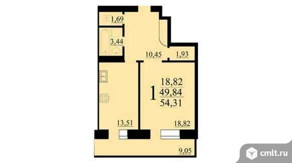 1-комнатная квартира 54,3 кв.м. Фото 1.