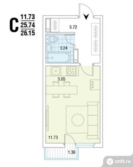 1-комнатная квартира 26,2 кв.м. Фото 1.