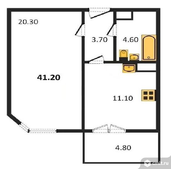 1-комнатная квартира 41,2 кв.м. Фото 1.