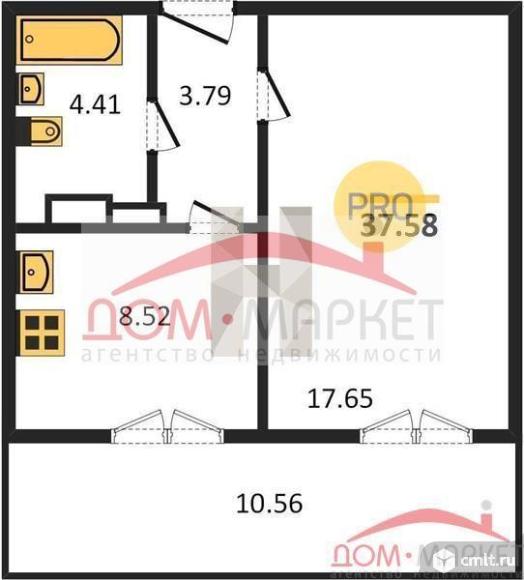 1-комнатная квартира 37,58 кв.м. Фото 1.