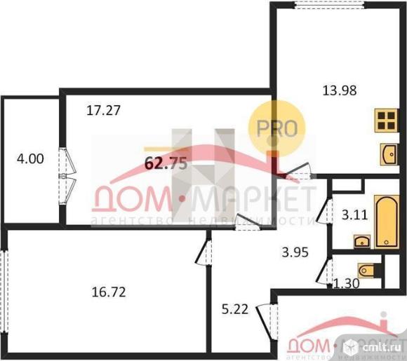 2-комнатная квартира 62,75 кв.м. Фото 1.