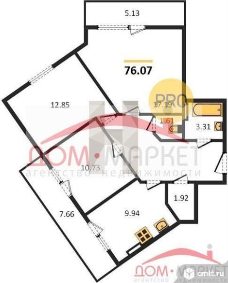3-комнатная квартира 76,07 кв.м. Фото 1.