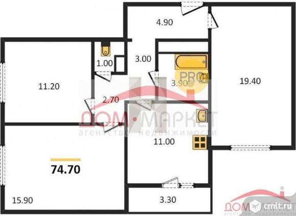 3-комнатная квартира 74,7 кв.м. Фото 1.