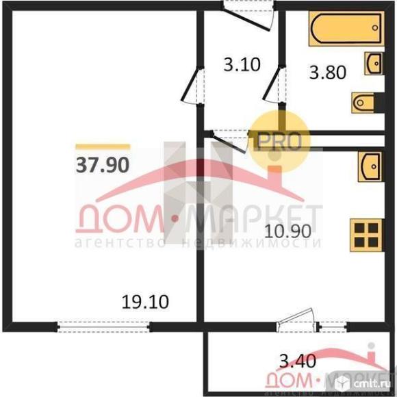 1-комнатная квартира 37,9 кв.м. Фото 1.