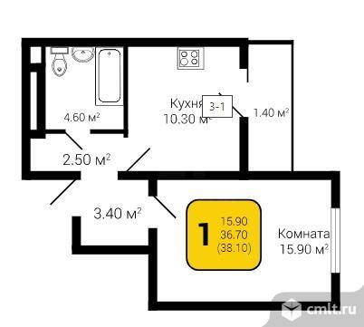 1-комнатная квартира 34,8 кв.м. Фото 5.