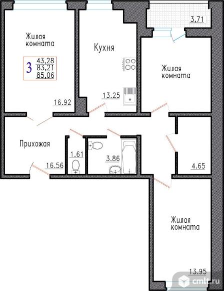 3-комнатная квартира 85,06 кв.м. Фото 1.