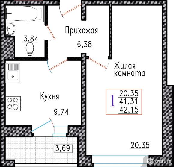 1-комнатная квартира 42,15 кв.м. Фото 1.